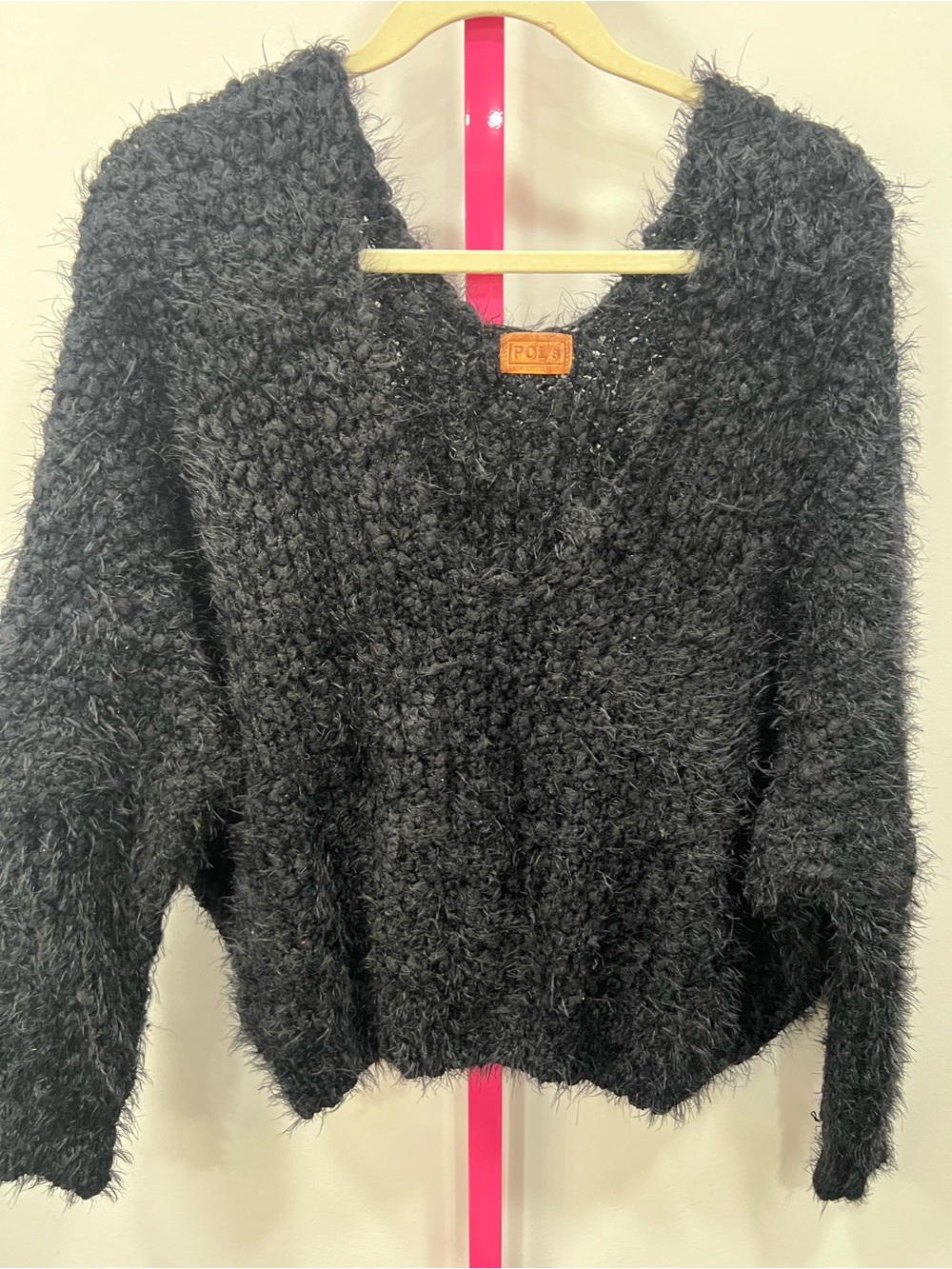 POL Cozy Black Fuzzy V-Neck Sweater Oversized